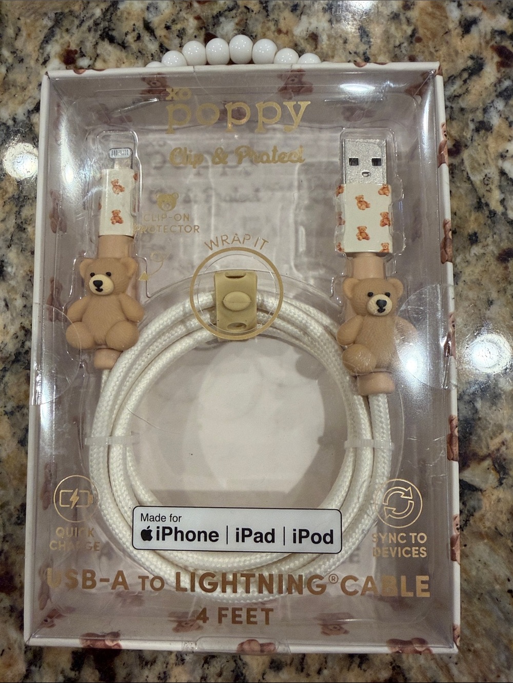 XoPoppy USB-A to Lightning Cable for iPhone - White with Beige Bear Accents new